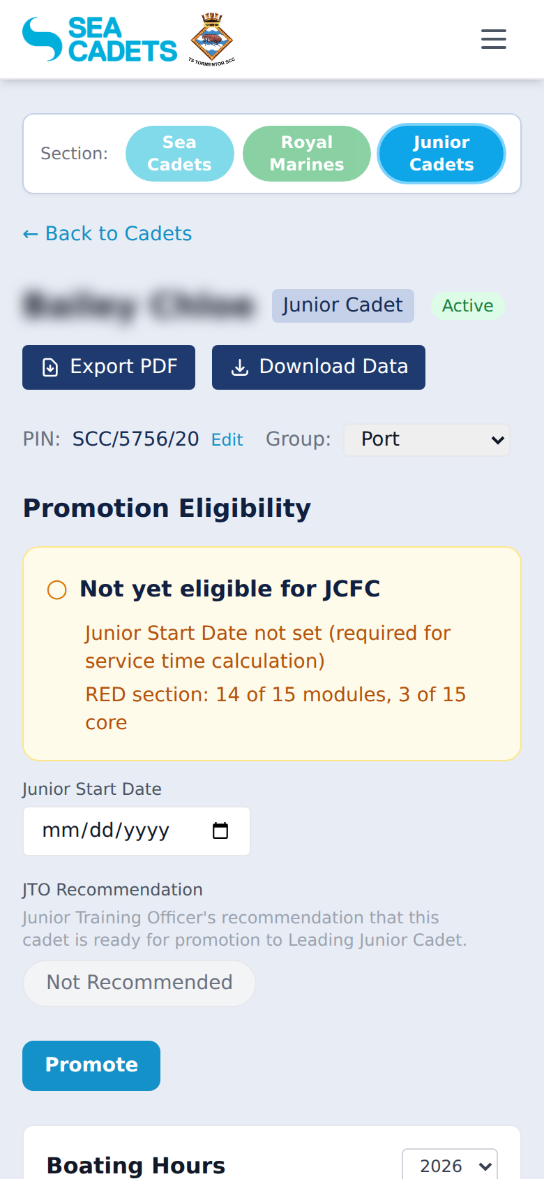 Cadet profile on mobile