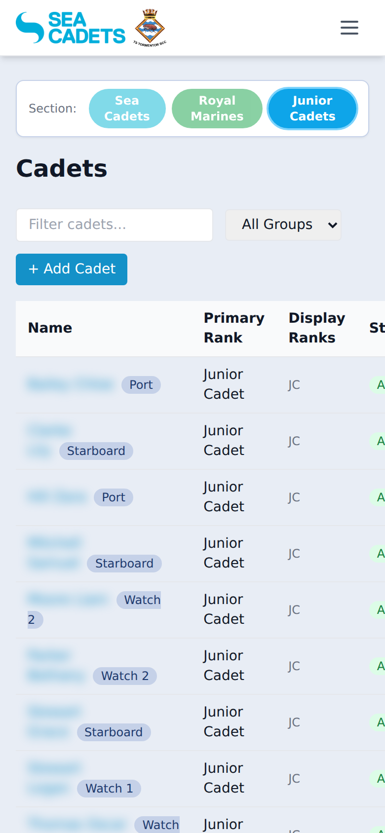 Cadets list on mobile