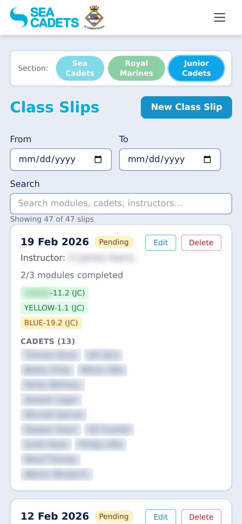 Class slips on mobile